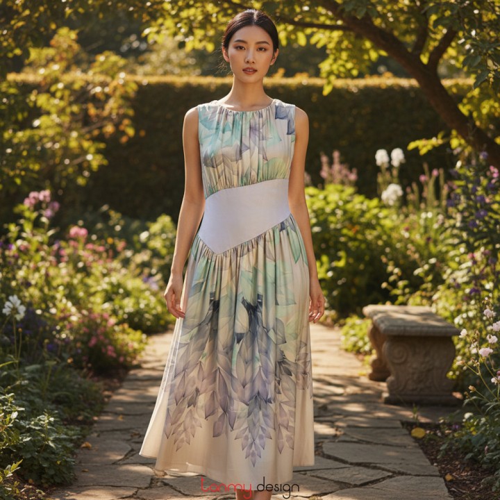 Silk dress with with the lotus-shaped waist panel in dusty purple-blue